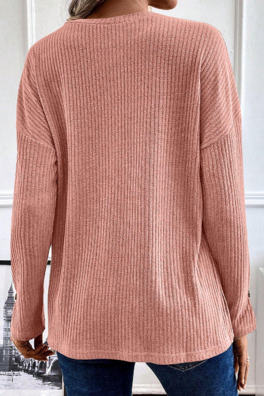 Quarter Button Round Neck Dropped Shoulder Knit Top - Bona Fide Fashion