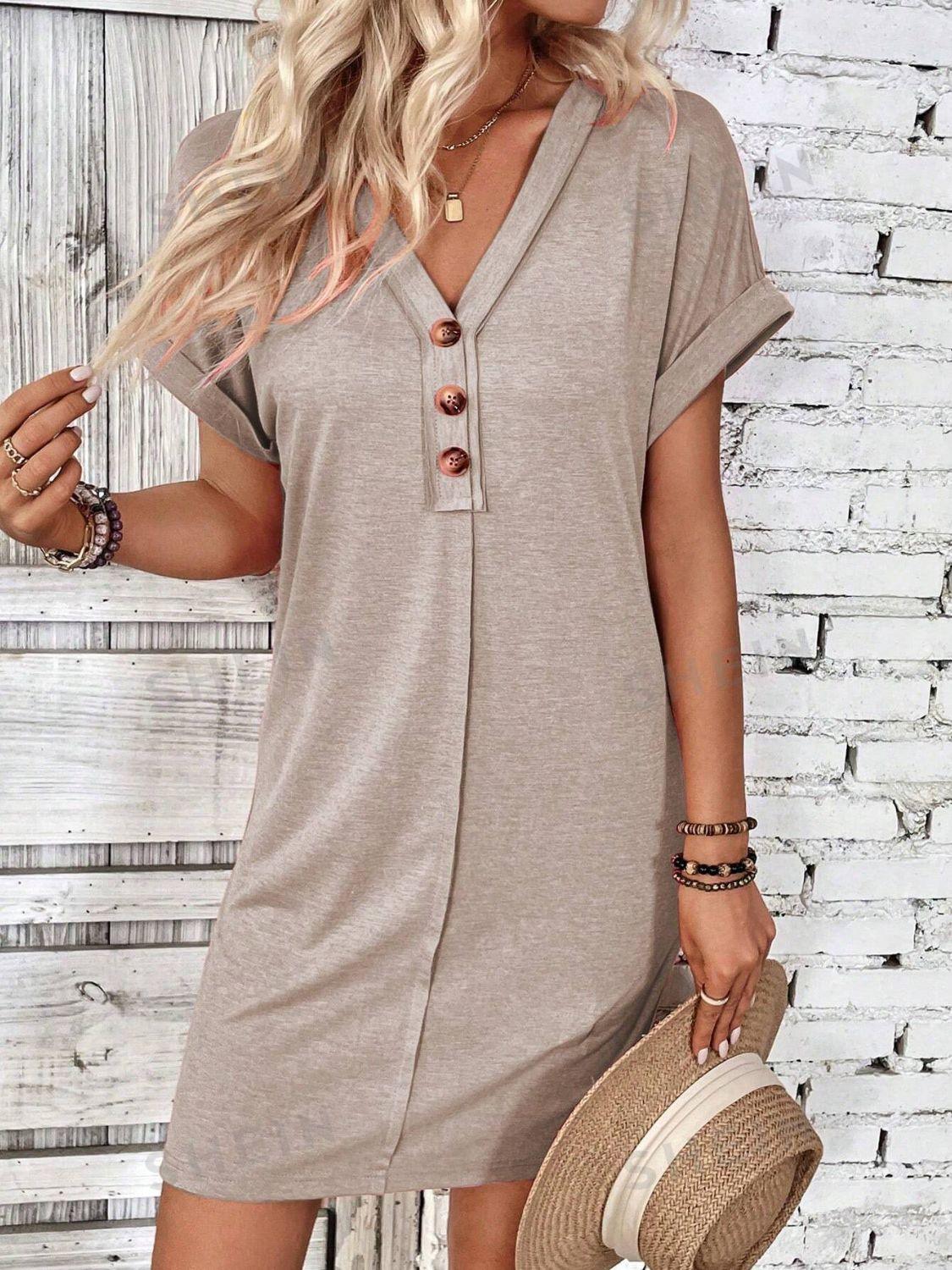 Quarter Button V-Neck Short Sleeve Dress - Bona Fide Fashion