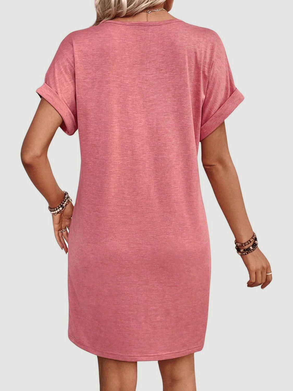 Quarter Button V-Neck Short Sleeve Dress - Bona Fide Fashion