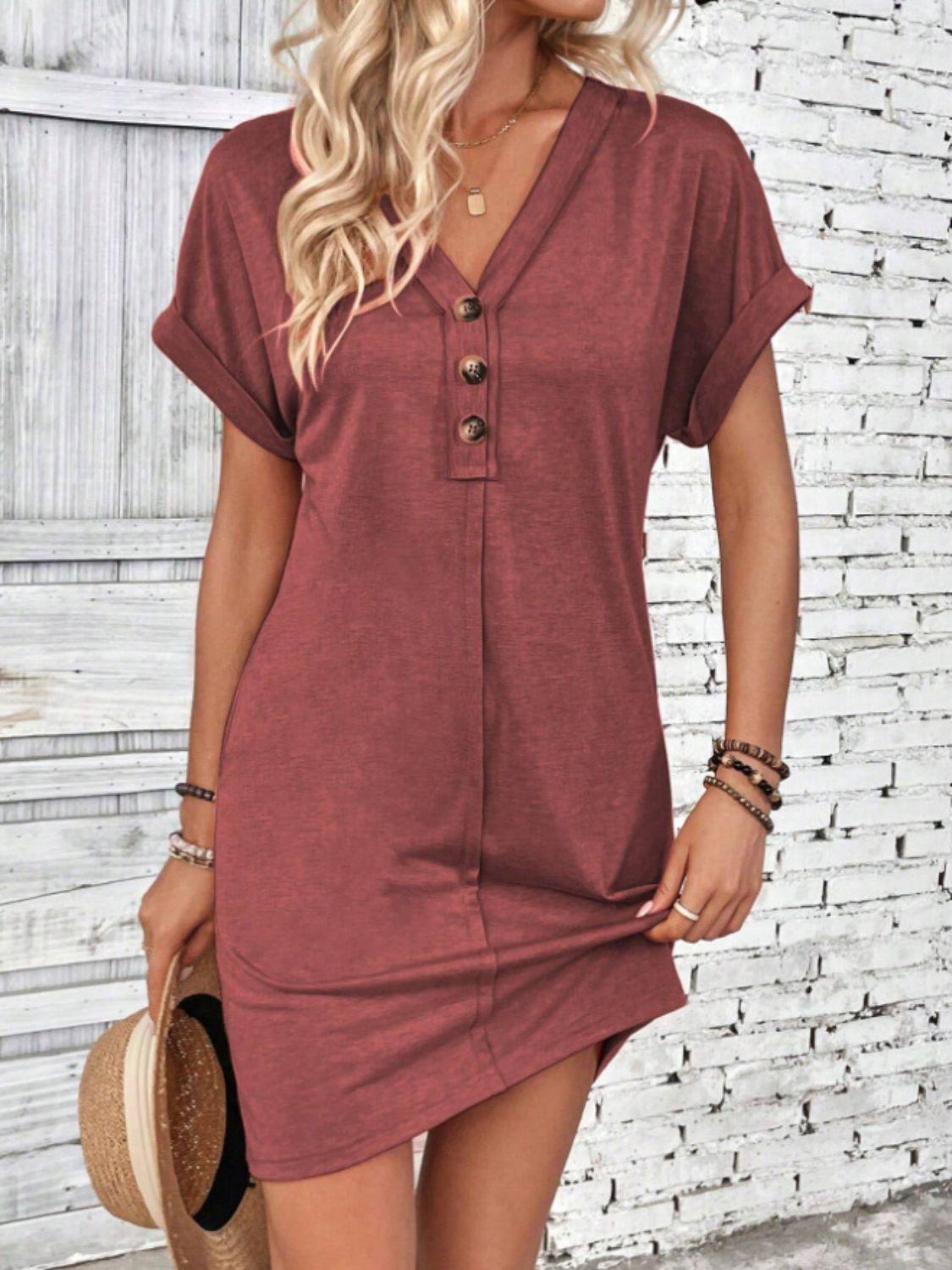 Quarter Button V-Neck Short Sleeve Dress - Bona Fide Fashion