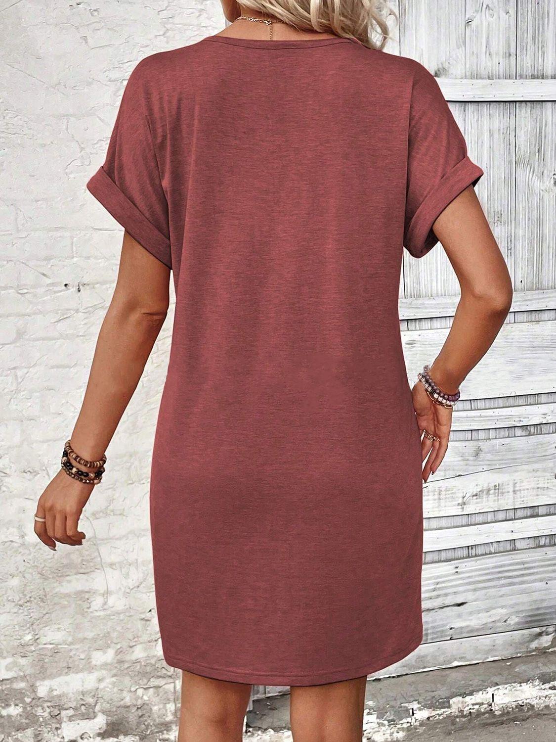 Quarter Button V-Neck Short Sleeve Dress - Bona Fide Fashion