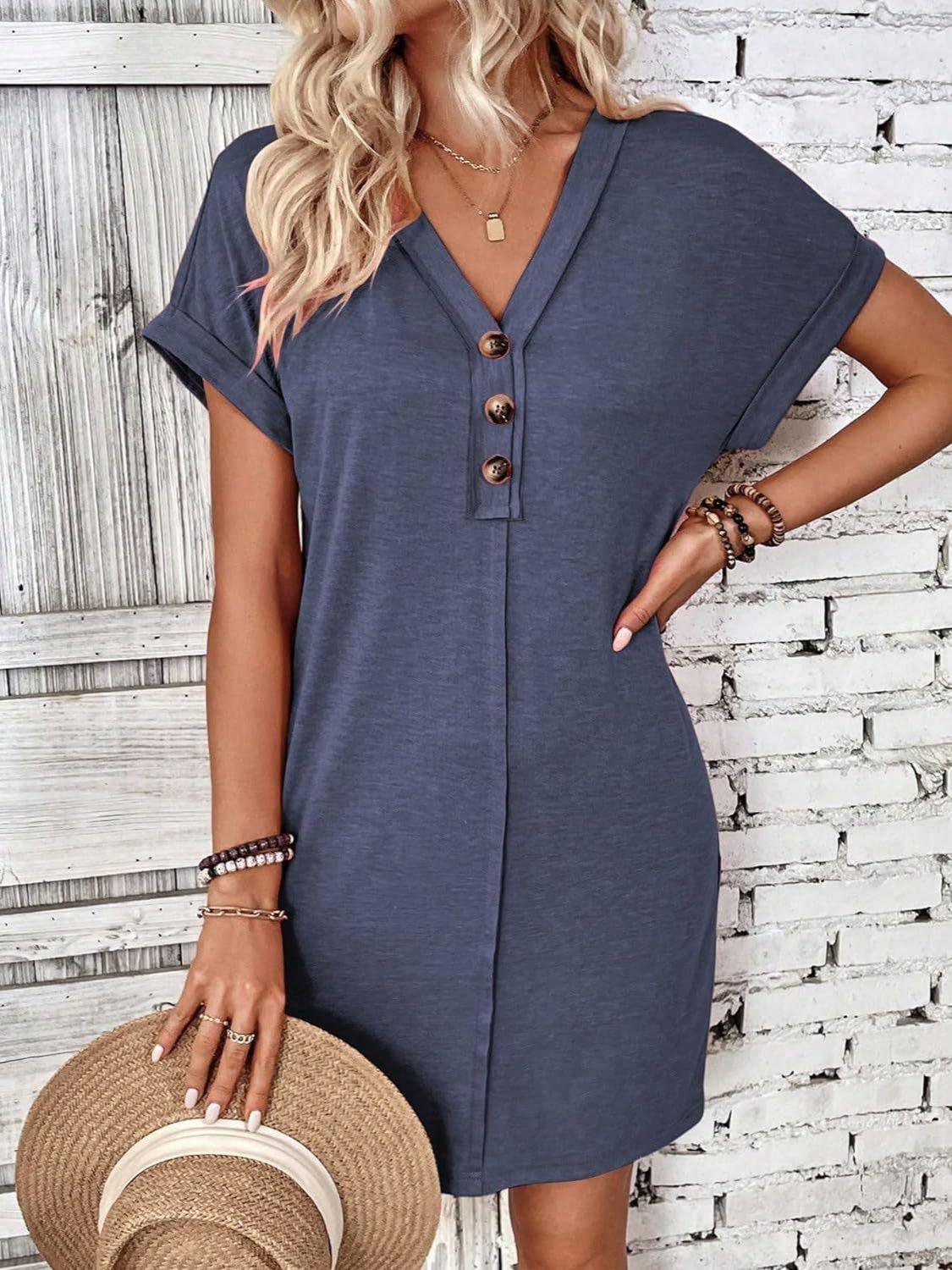 Quarter Button V-Neck Short Sleeve Dress - Bona Fide Fashion