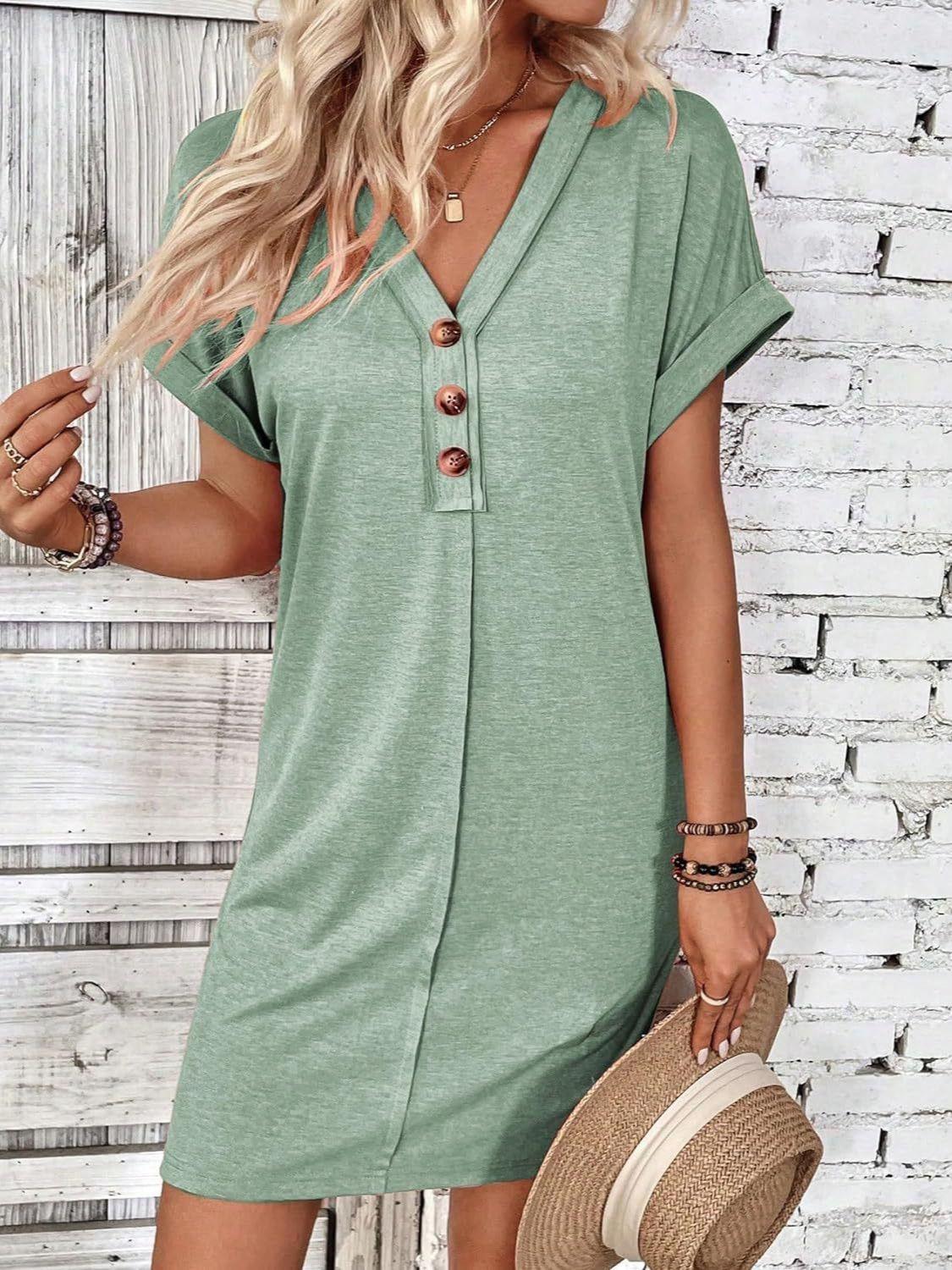 Quarter Button V-Neck Short Sleeve Dress - Bona Fide Fashion