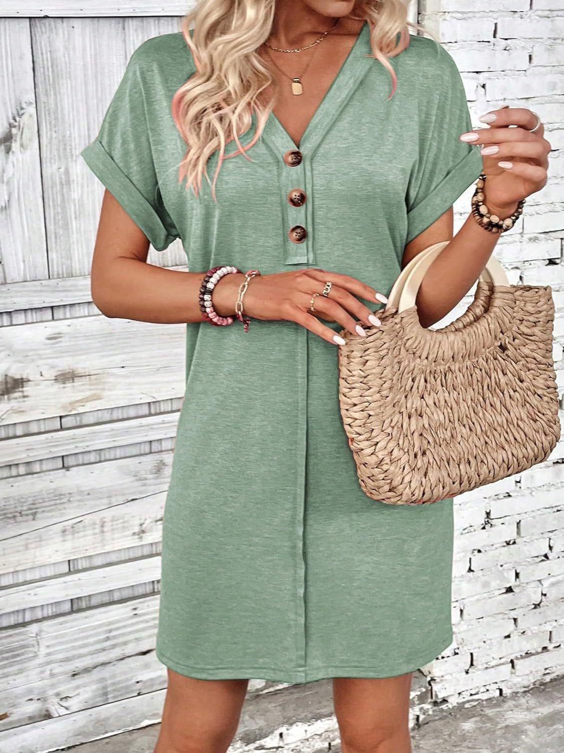 Quarter Button V-Neck Short Sleeve Dress - Bona Fide Fashion