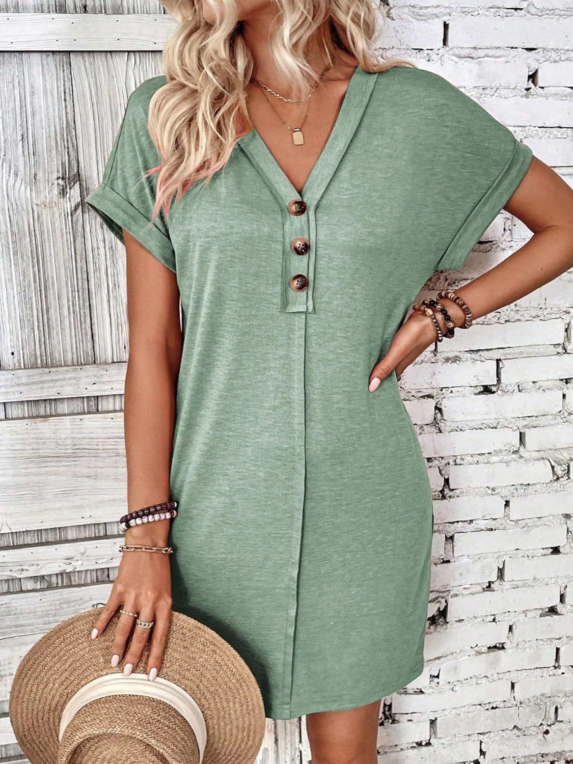 Quarter Button V-Neck Short Sleeve Dress - Bona Fide Fashion