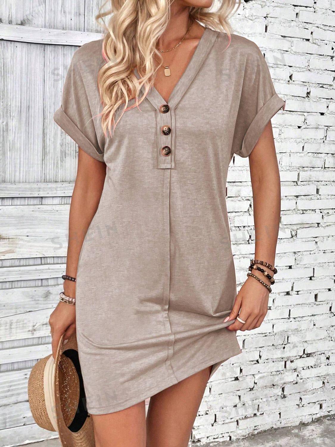 Quarter Button V-Neck Short Sleeve Dress - Bona Fide Fashion