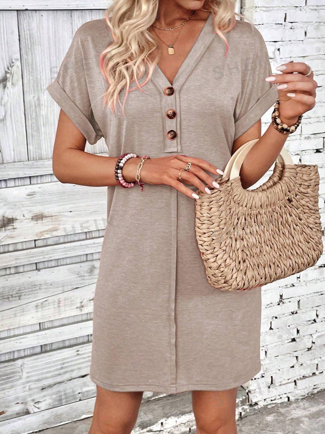 Quarter Button V-Neck Short Sleeve Dress - Bona Fide Fashion