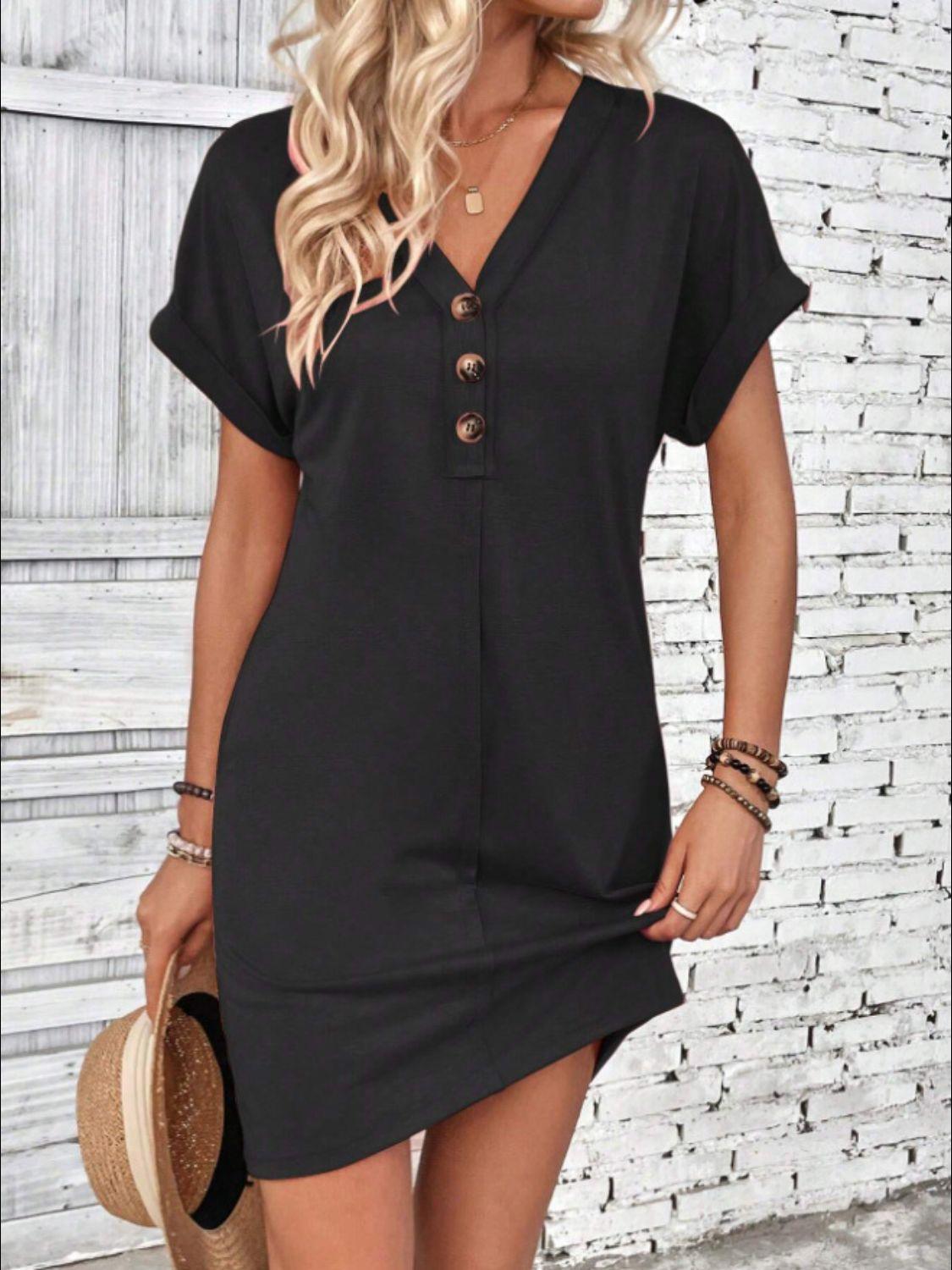 Quarter Button V-Neck Short Sleeve Dress - Bona Fide Fashion