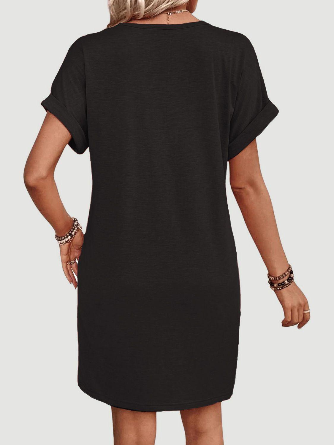 Quarter Button V-Neck Short Sleeve Dress - Bona Fide Fashion