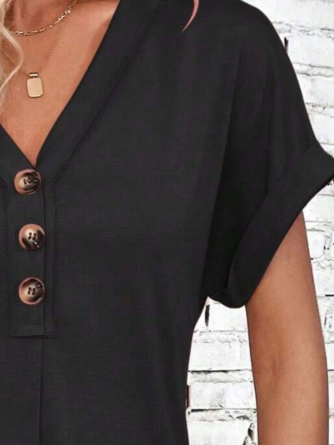 Quarter Button V-Neck Short Sleeve Dress - Bona Fide Fashion