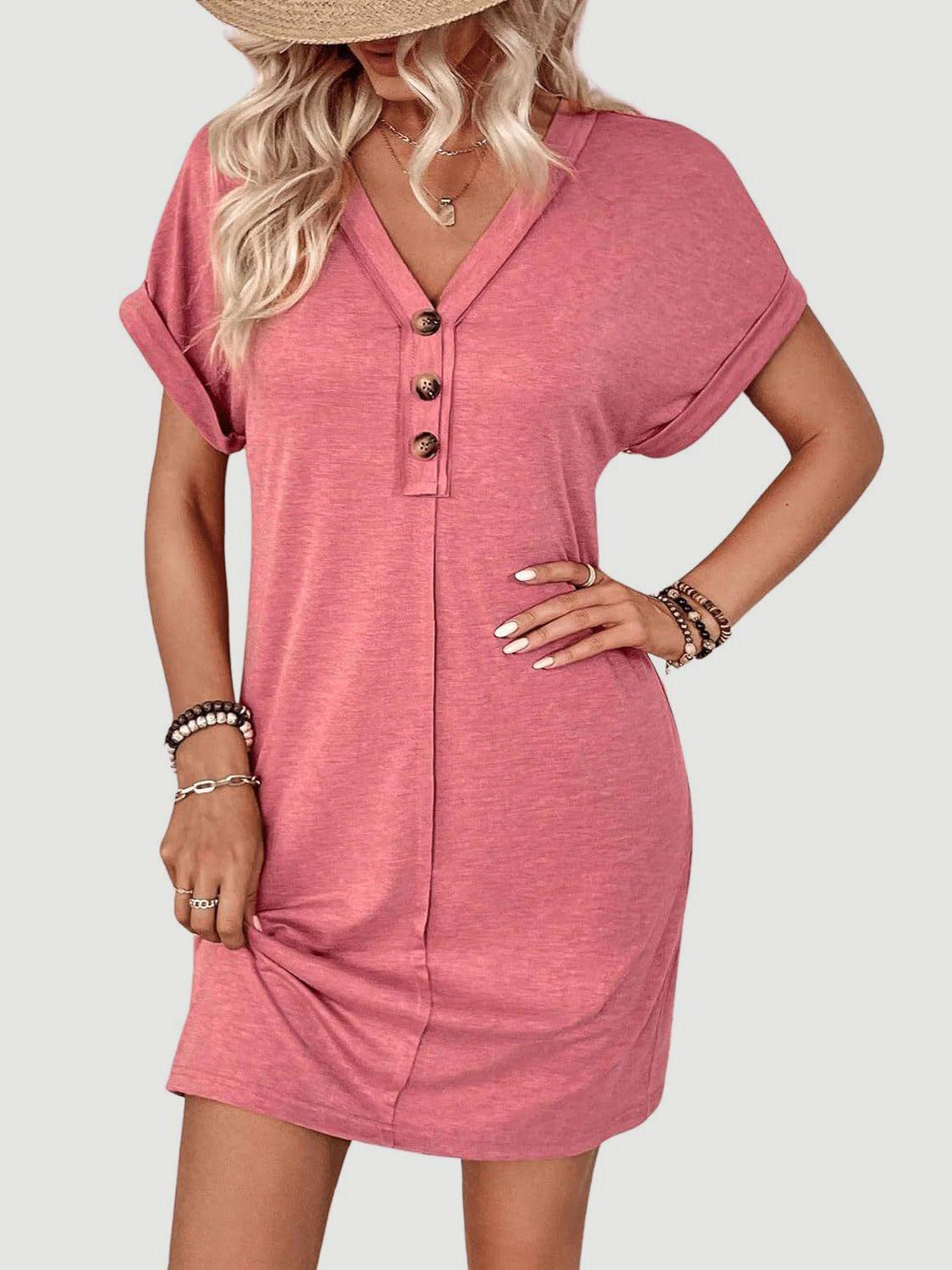 Quarter Button V-Neck Short Sleeve Dress - Bona Fide Fashion