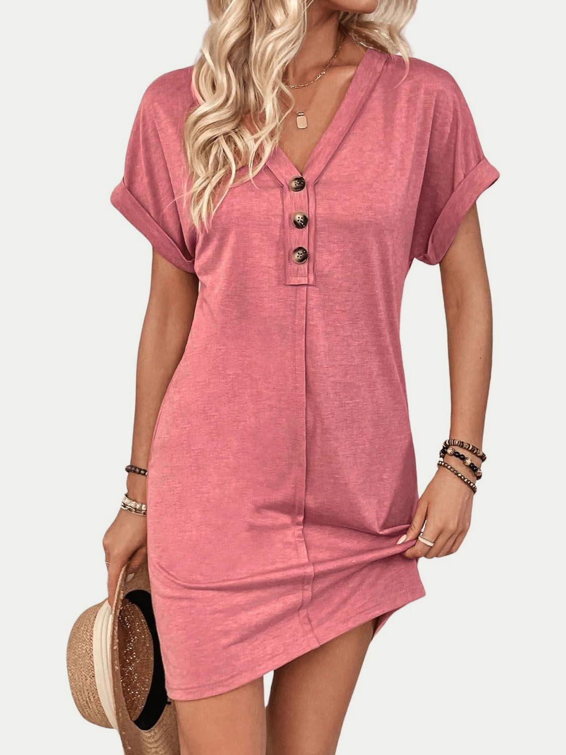 Quarter Button V-Neck Short Sleeve Dress - Bona Fide Fashion