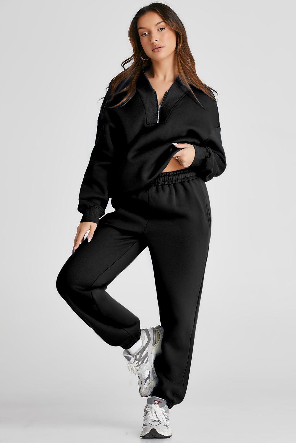 Quarter Zip Long Sleeve Top and Pants Set - Bona Fide Fashion