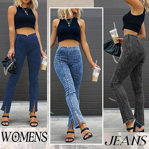 RAISECOM Womens Jeans Elastic High Waist Stretch Jeans for Women Curvy Slit Hem Black - Bona Fide Fashion