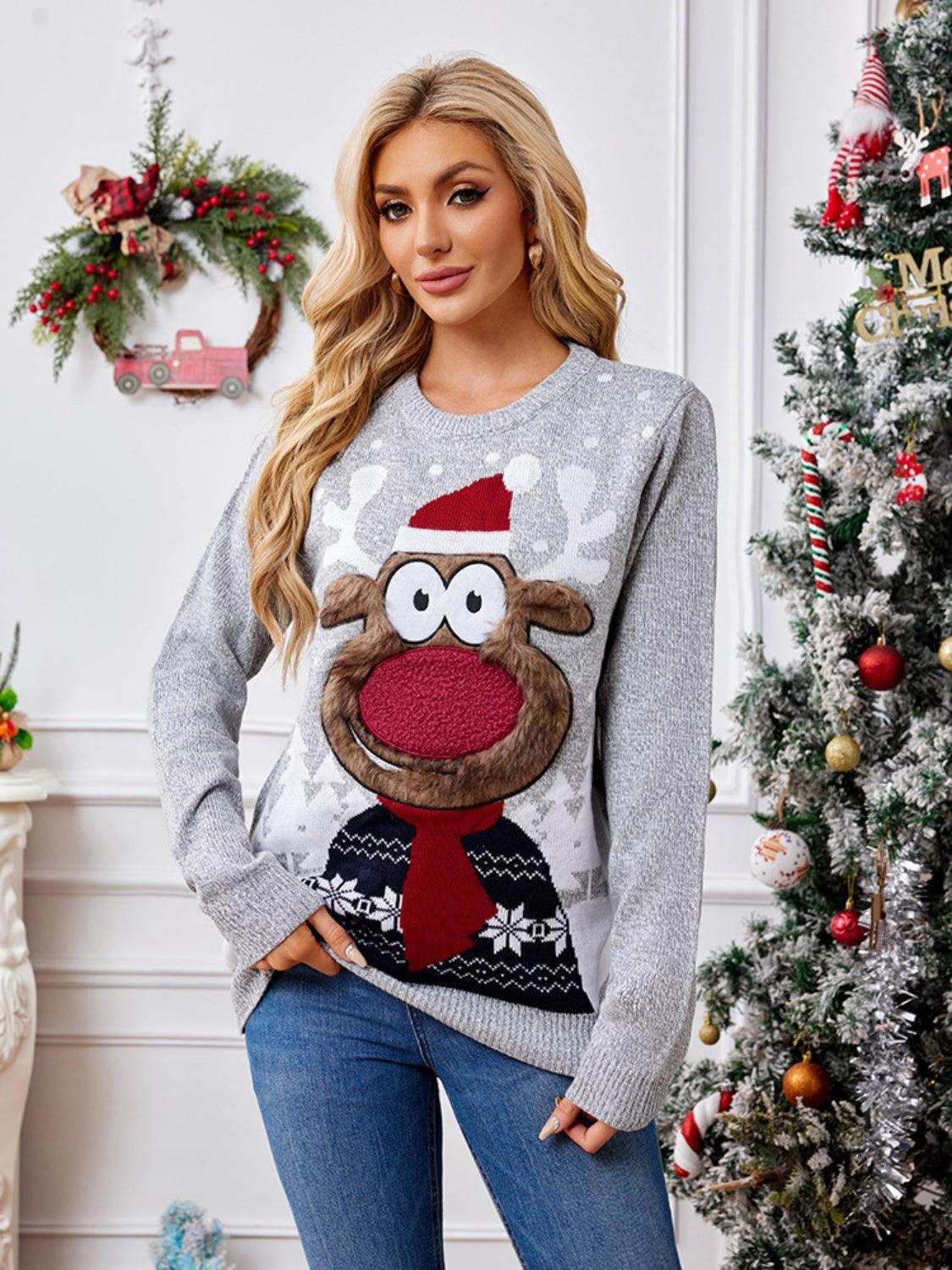 Reindeer Round Neck Long Sleeve Sweater - Bona Fide Fashion