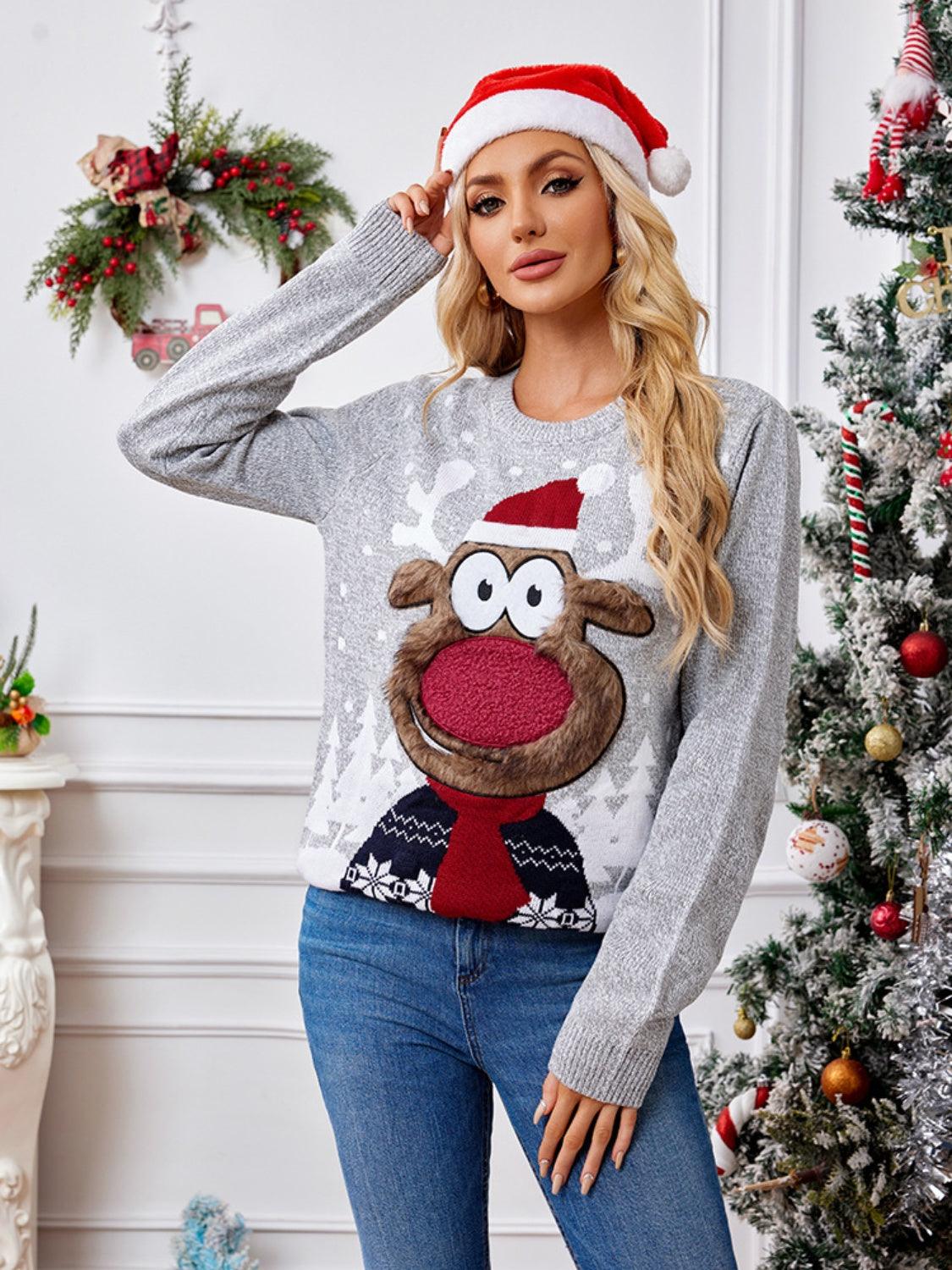 Reindeer Round Neck Long Sleeve Sweater - Bona Fide Fashion