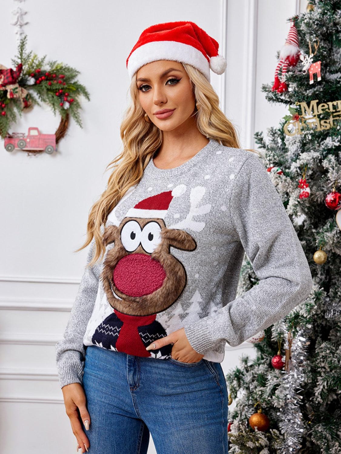 Reindeer Round Neck Long Sleeve Sweater - Bona Fide Fashion