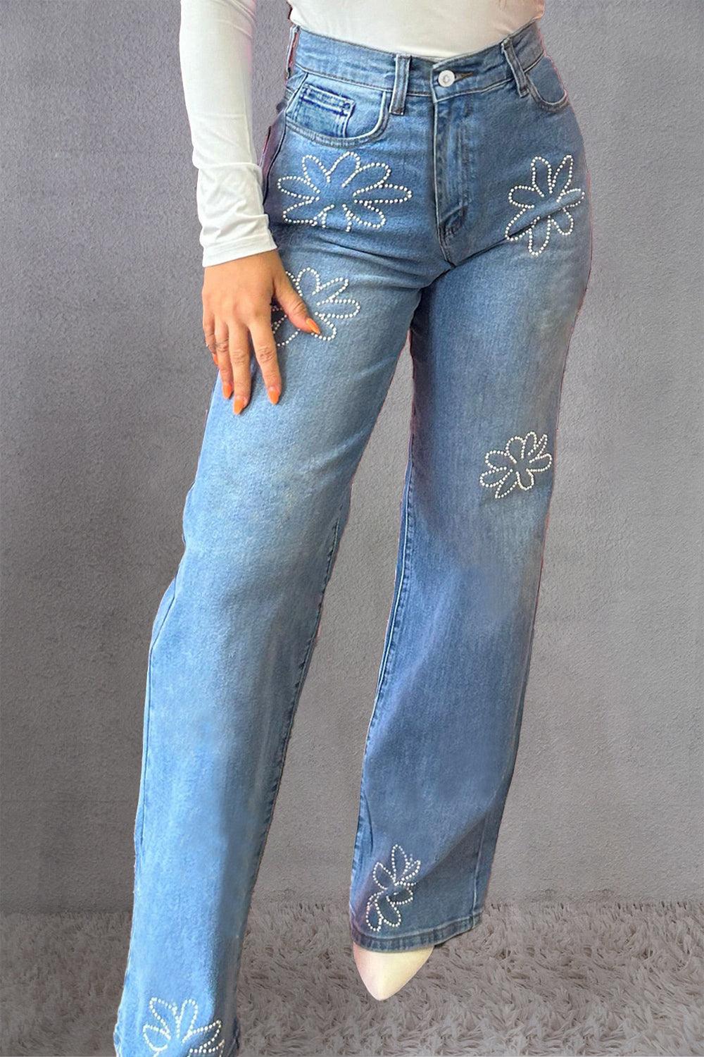 Rhinestone Straight Jeans with Pockets - Bona Fide Fashion