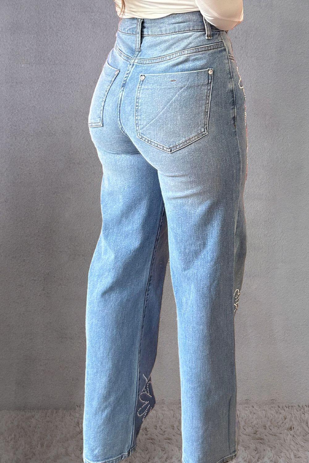 Rhinestone Straight Jeans with Pockets - Bona Fide Fashion