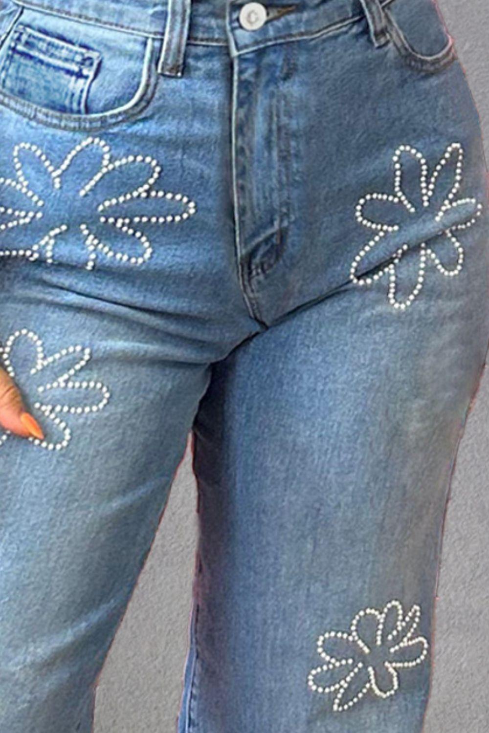 Rhinestone Straight Jeans with Pockets - Bona Fide Fashion