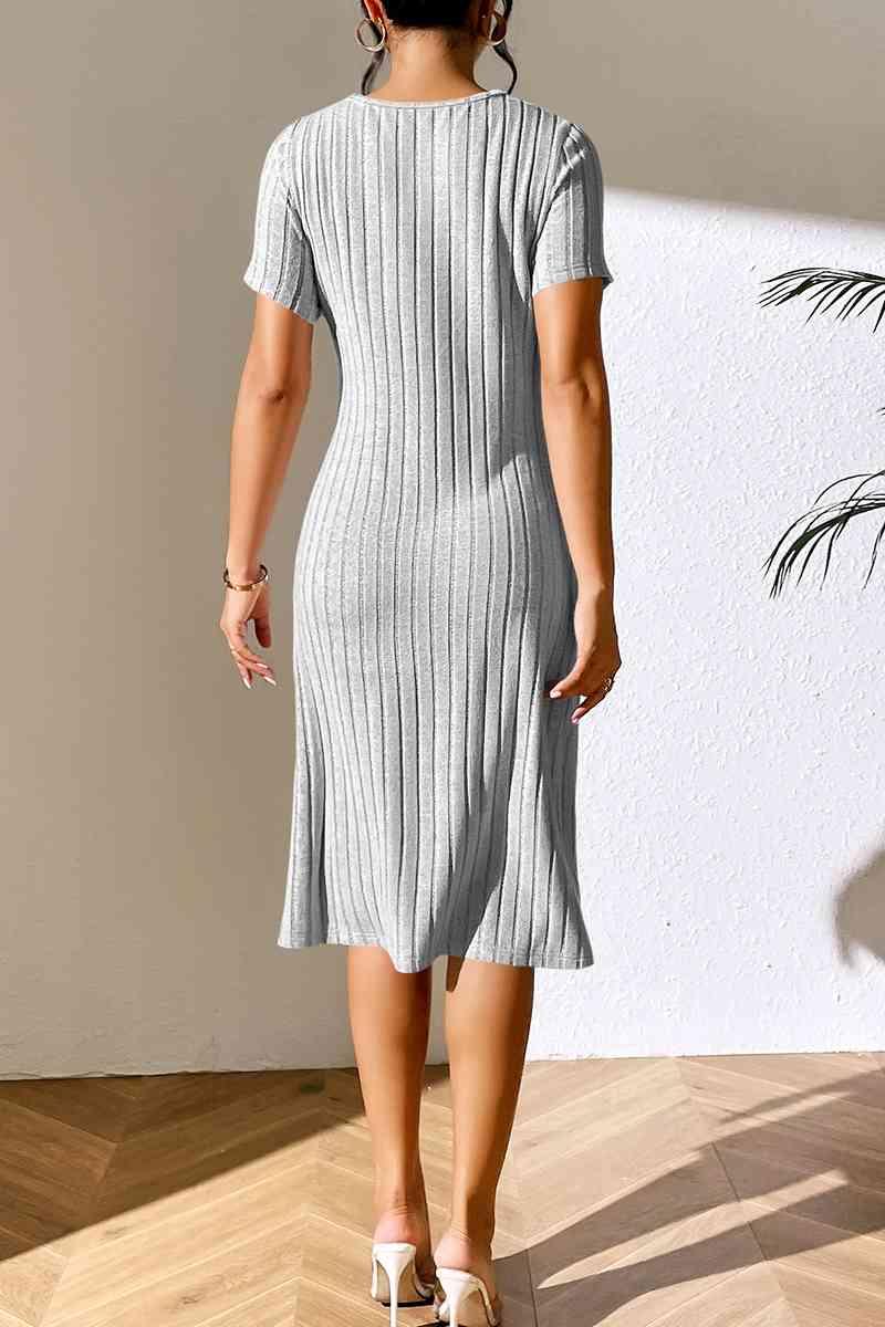 Ribbed Asymmetrical Neck Short Sleeve Dress - Bona Fide Fashion