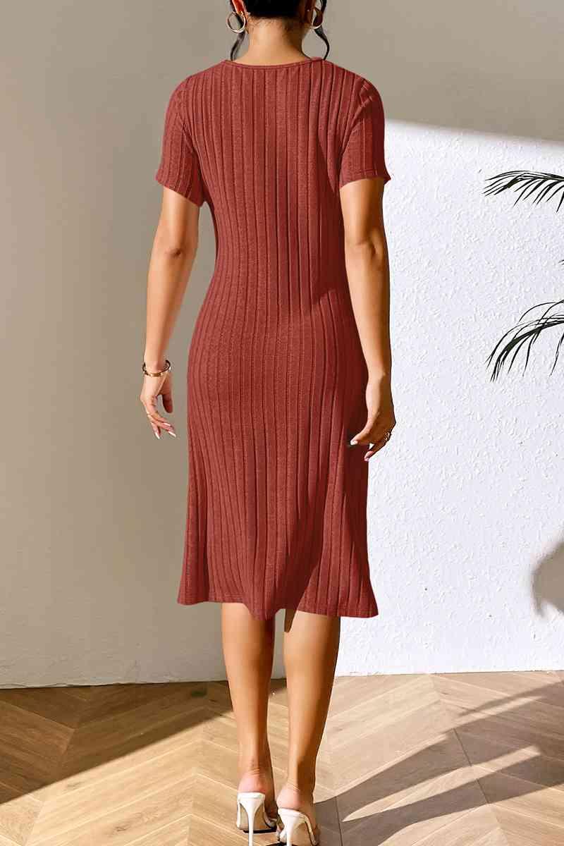 Ribbed Asymmetrical Neck Short Sleeve Dress - Bona Fide Fashion