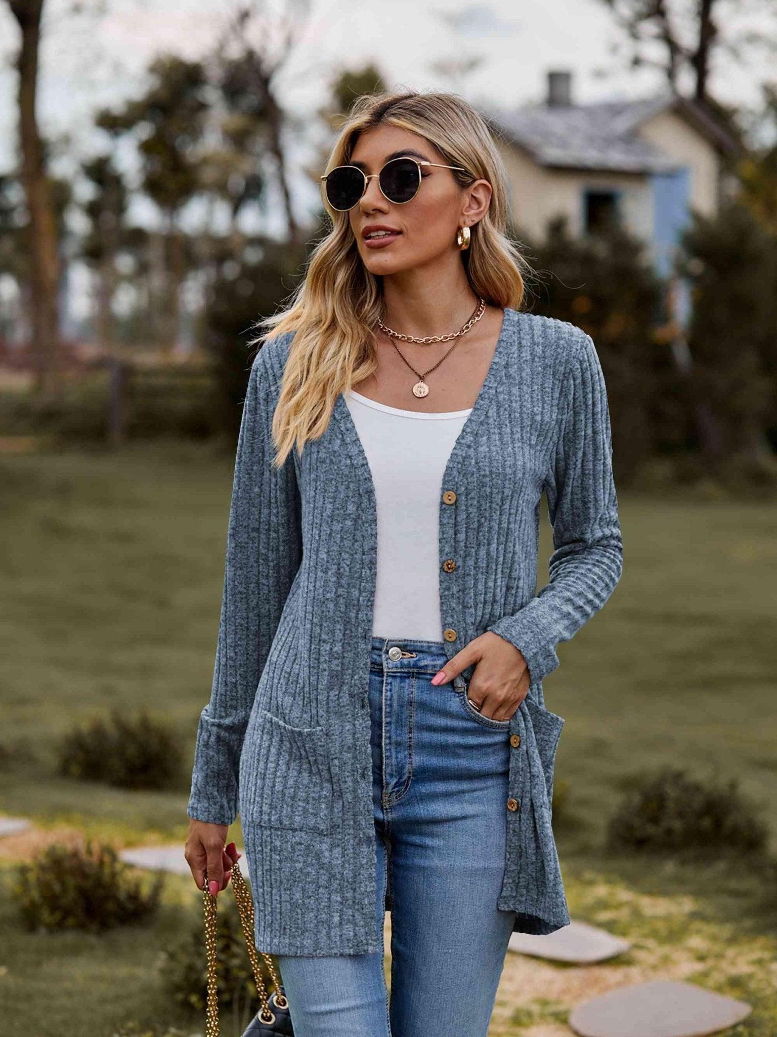 Ribbed Button-Up Cardigan with Pockets - Bona Fide Fashion