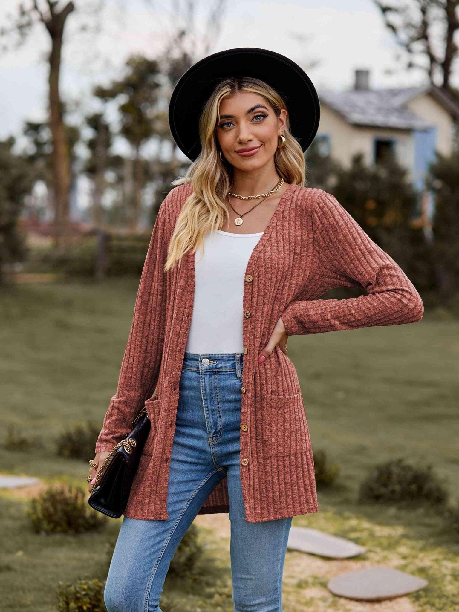 Ribbed Button-Up Cardigan with Pockets - Bona Fide Fashion