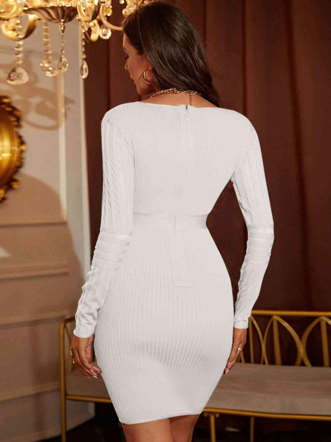 Ribbed Deep V Long Sleeve Mini Bandage Dress - Bona Fide Fashion