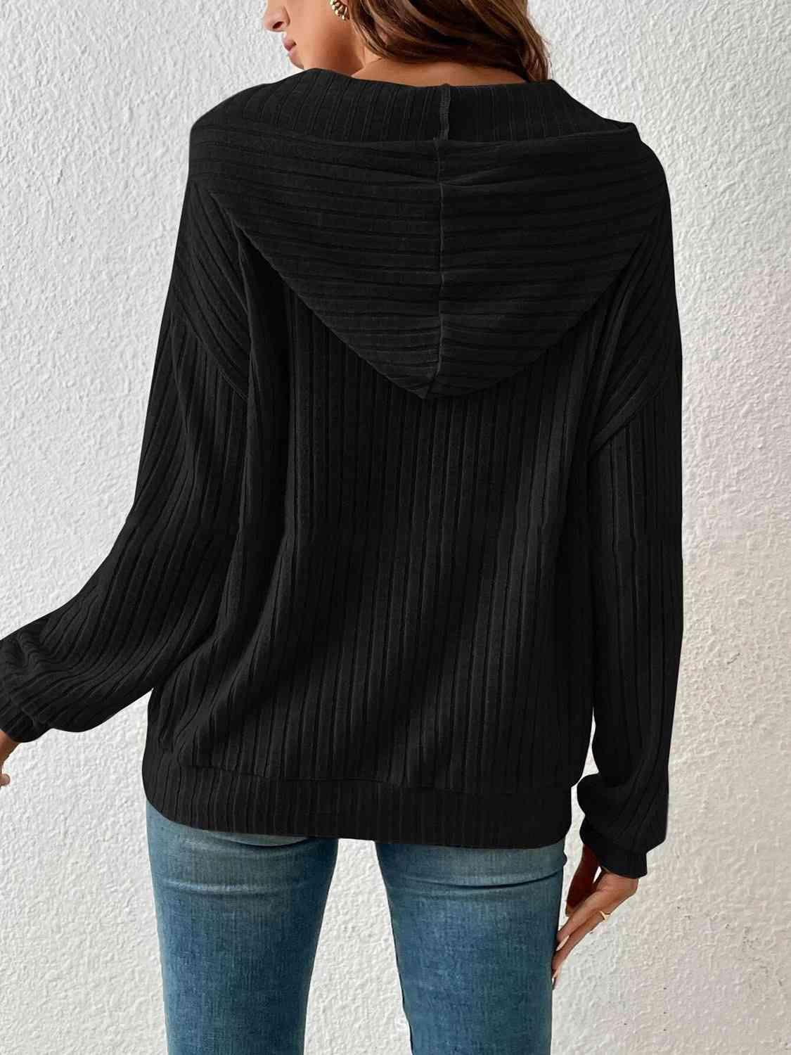 Ribbed Dropped Shoulder Drawstring Hoodie - Bona Fide Fashion