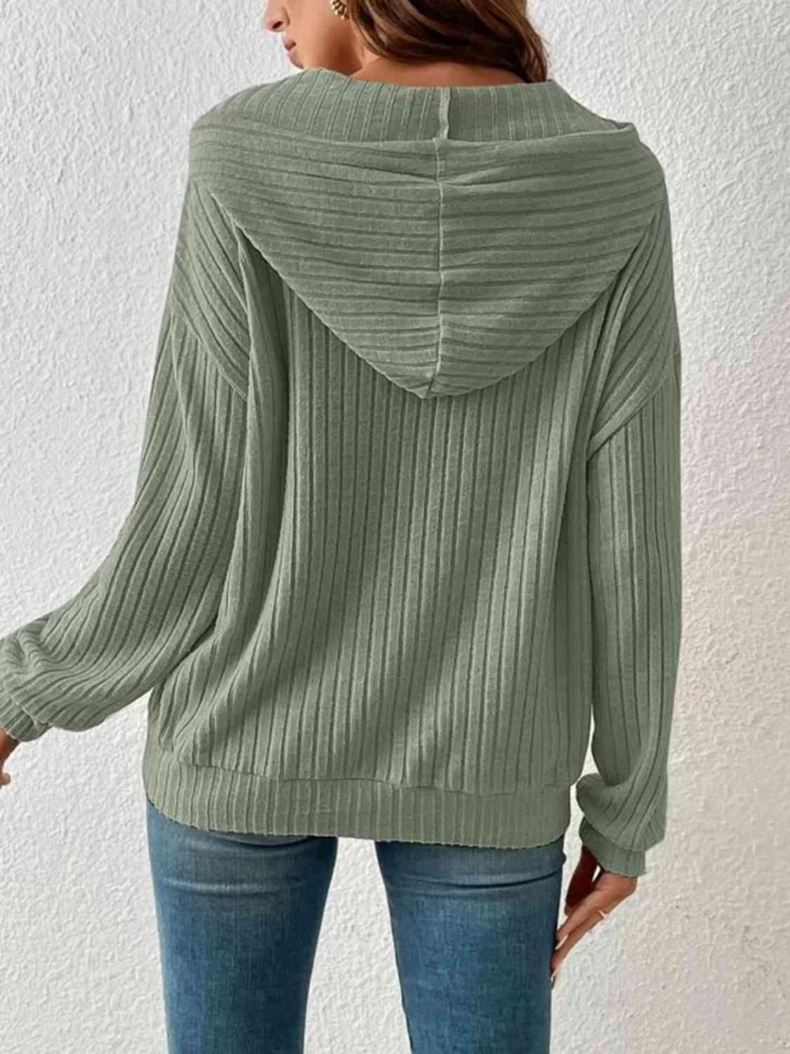 Ribbed Dropped Shoulder Drawstring Hoodie - Bona Fide Fashion