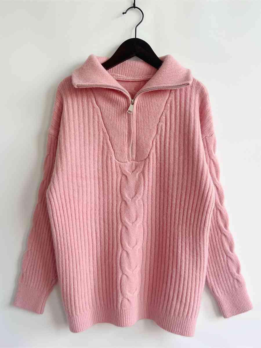 Ribbed Half Zip Long Sleeve Sweater - Bona Fide Fashion