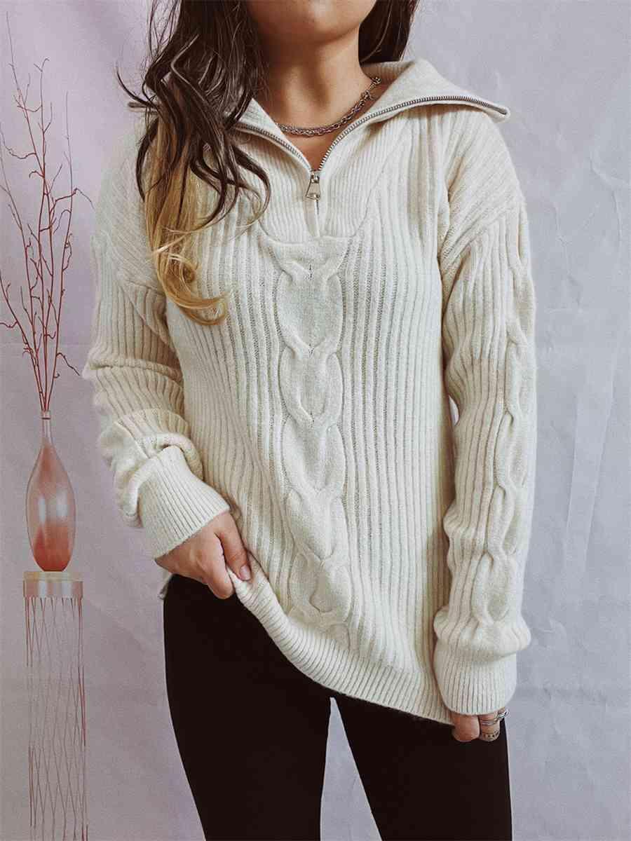 Ribbed Half Zip Long Sleeve Sweater - Bona Fide Fashion