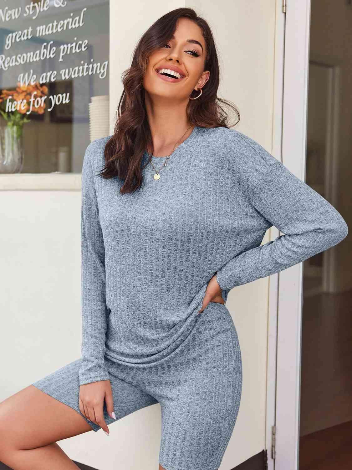 Ribbed Long Sleeve Top and Shorts Set - Bona Fide Fashion