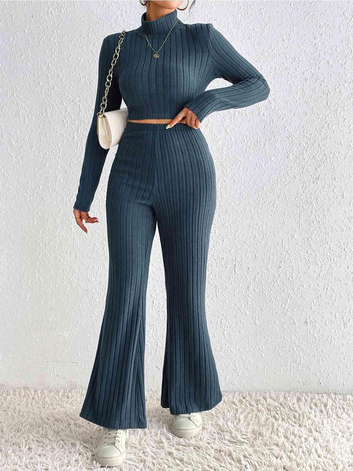 Ribbed Mock Neck Cropped Sweater & High Waist Pants Set - Bona Fide Fashion