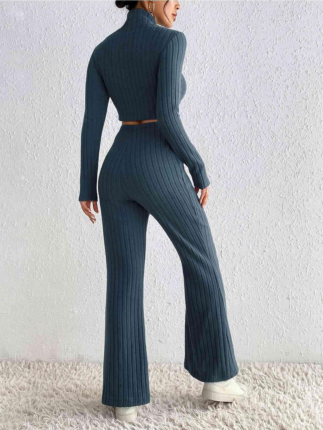 Ribbed Mock Neck Cropped Sweater & High Waist Pants Set - Bona Fide Fashion