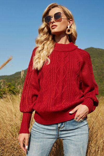 Ribbed Mock Neck Lantern Sleeve Sweater - Bona Fide Fashion