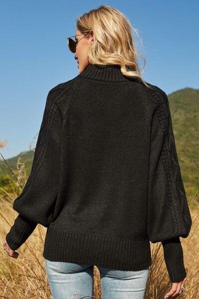 Ribbed Mock Neck Lantern Sleeve Sweater - Bona Fide Fashion