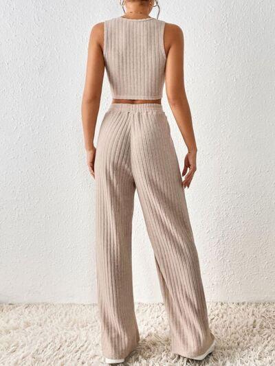 Ribbed Round Neck Tank and Pants Sweater Set - Bona Fide Fashion