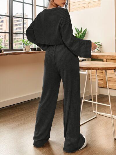 Ribbed Round Neck Top and Drawstring Pants Set - Bona Fide Fashion