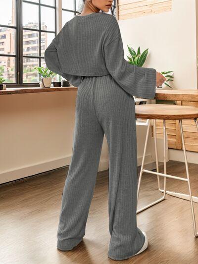 Ribbed Round Neck Top and Drawstring Pants Set - Bona Fide Fashion