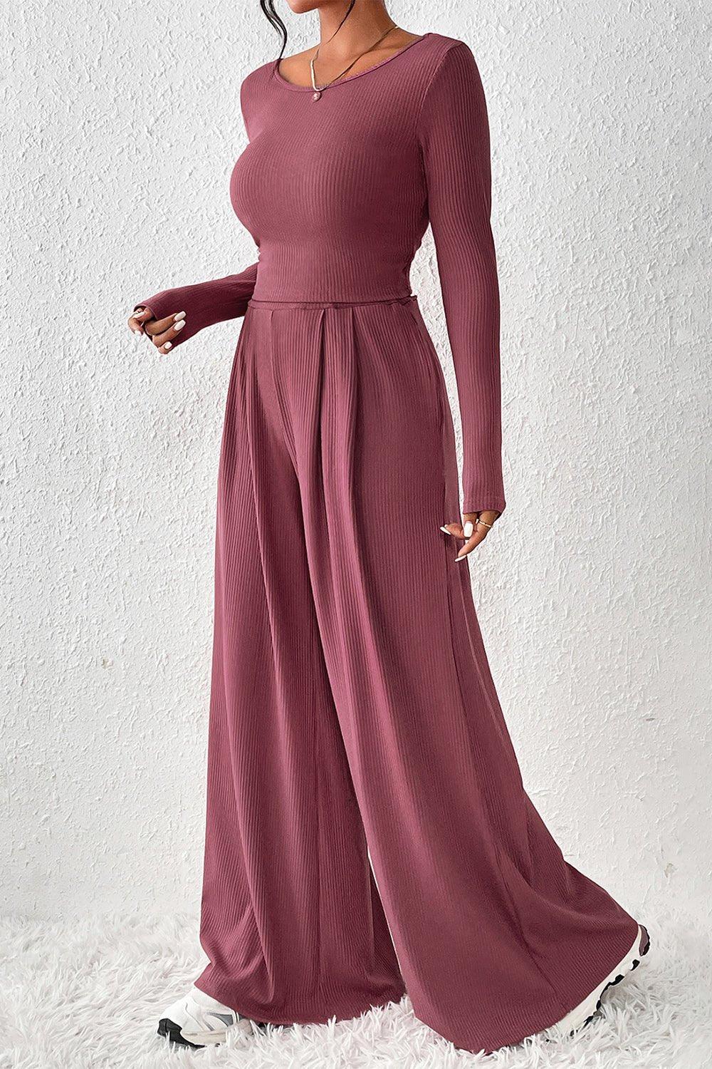 Ribbed Round Neck Top and Wide-Leg Pants Set - Bona Fide Fashion