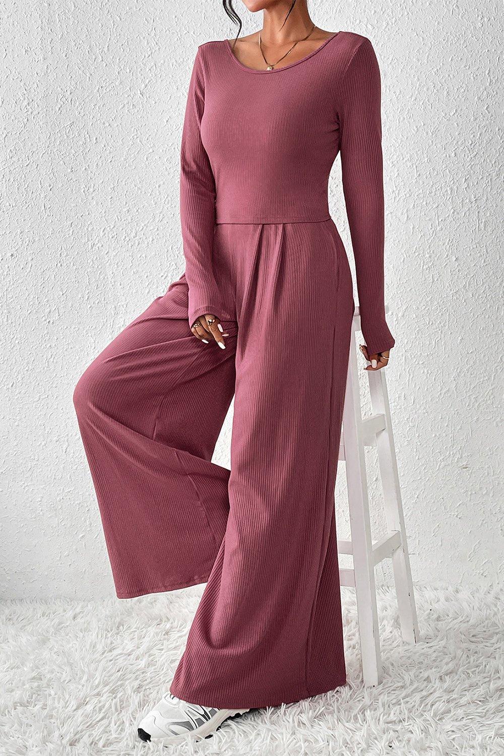 Ribbed Round Neck Top and Wide-Leg Pants Set - Bona Fide Fashion