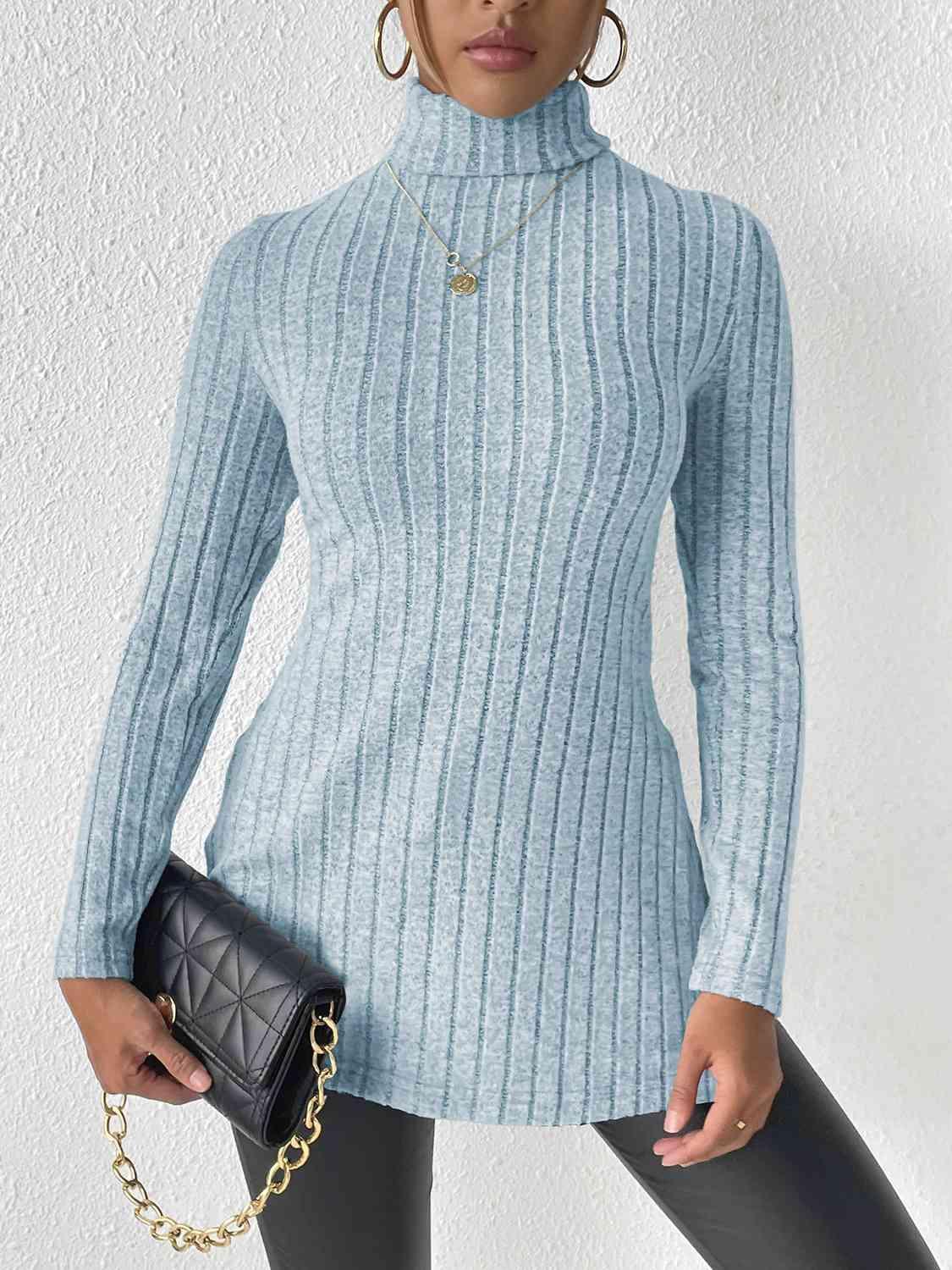 Ribbed Turtleneck Long Sleeve Slit T-Shirt - Bona Fide Fashion