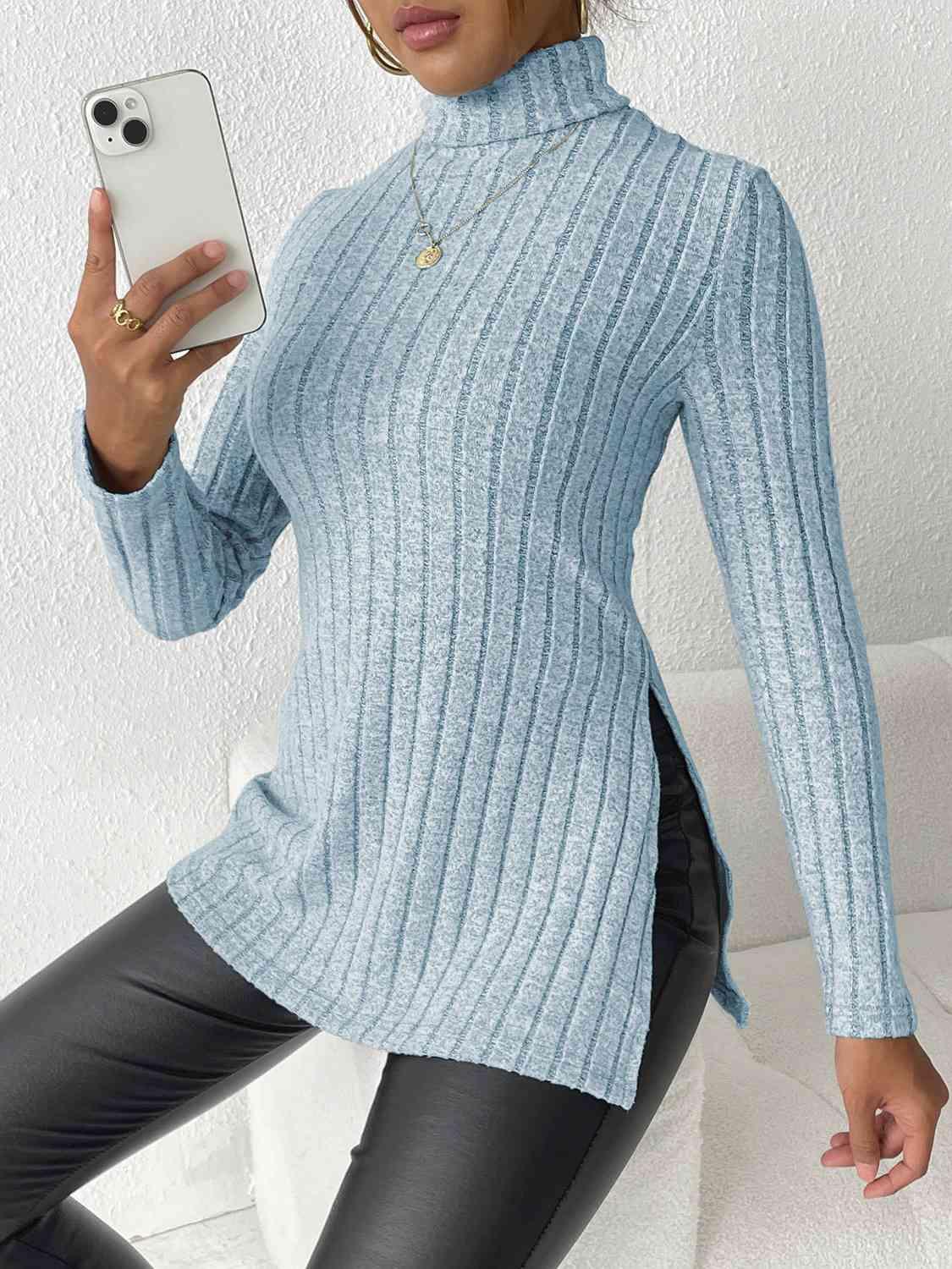 Ribbed Turtleneck Long Sleeve Slit T-Shirt - Bona Fide Fashion