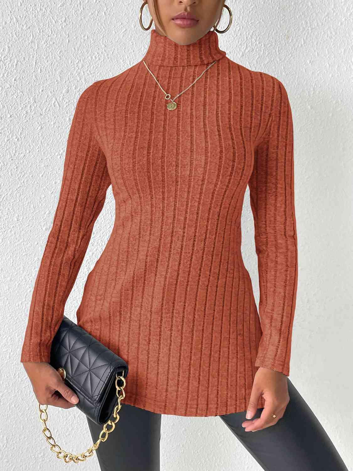 Ribbed Turtleneck Long Sleeve Slit T-Shirt - Bona Fide Fashion