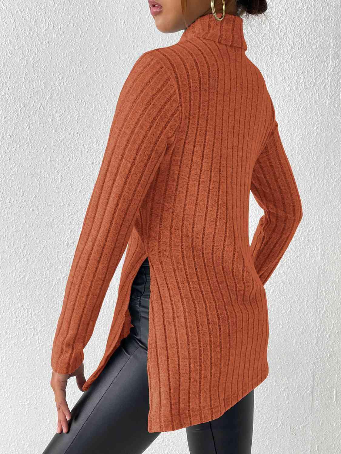 Ribbed Turtleneck Long Sleeve Slit T-Shirt - Bona Fide Fashion