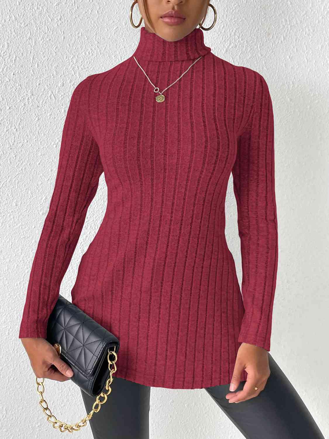 Ribbed Turtleneck Long Sleeve Slit T-Shirt - Bona Fide Fashion