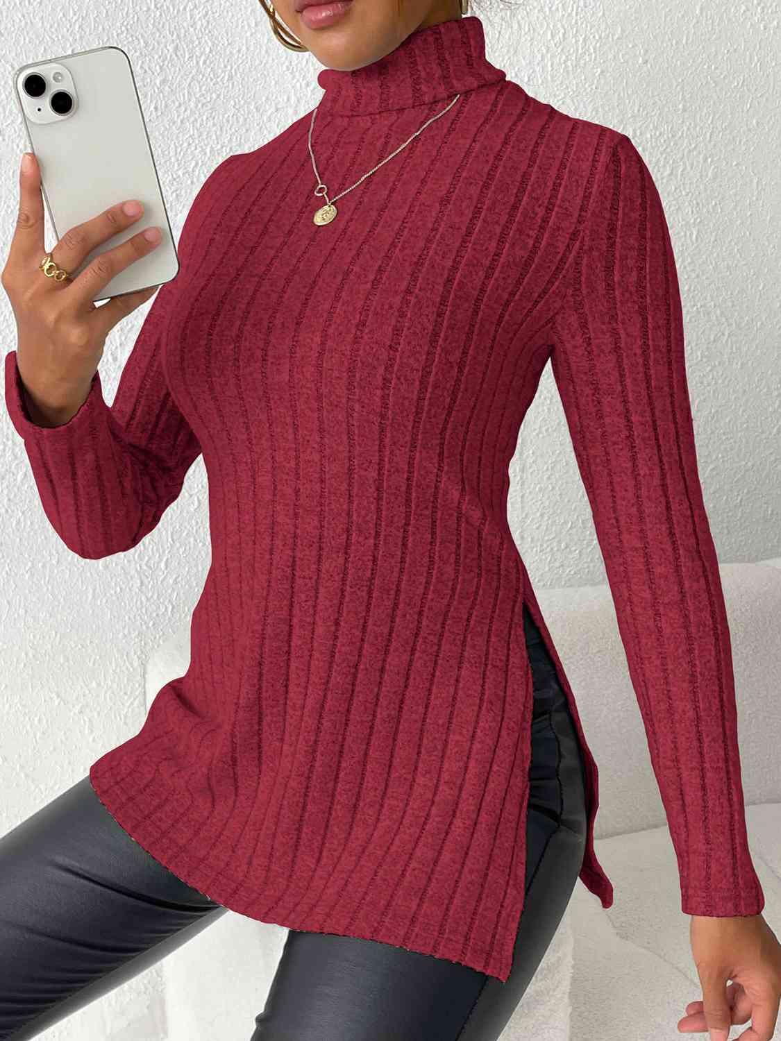 Ribbed Turtleneck Long Sleeve Slit T-Shirt - Bona Fide Fashion