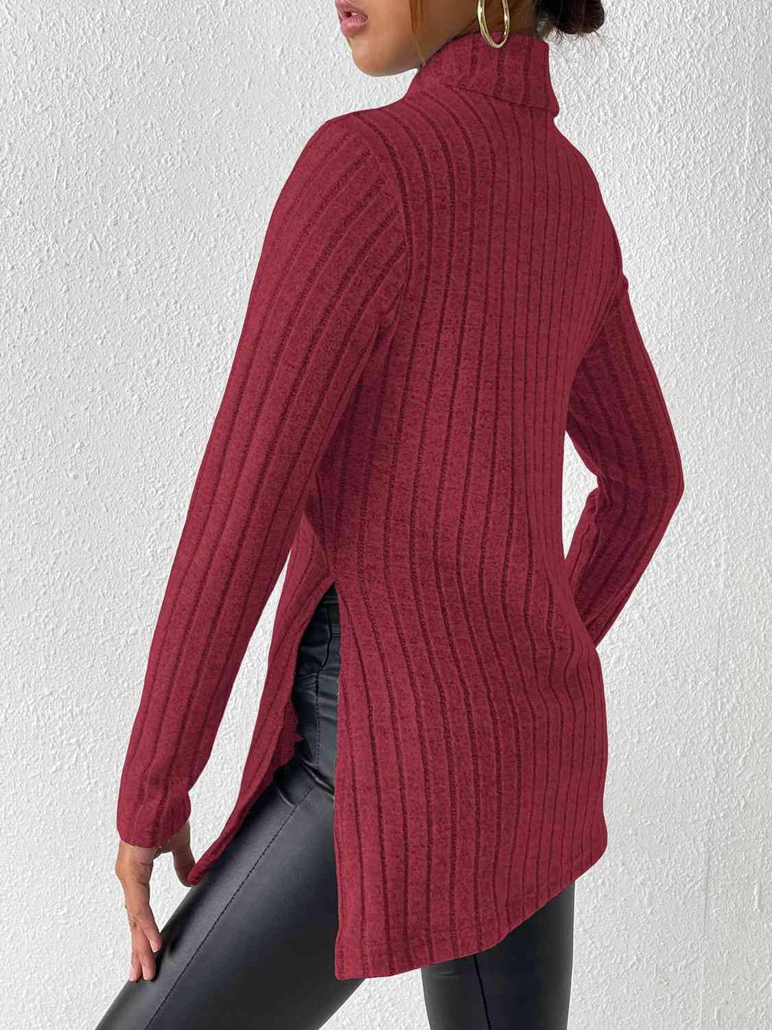 Ribbed Turtleneck Long Sleeve Slit T-Shirt - Bona Fide Fashion